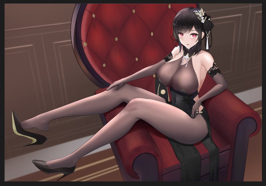 1girl, absurdres, armchair, azur_lane, bare_shoulders, black_dress, black_gloves, black_hair
