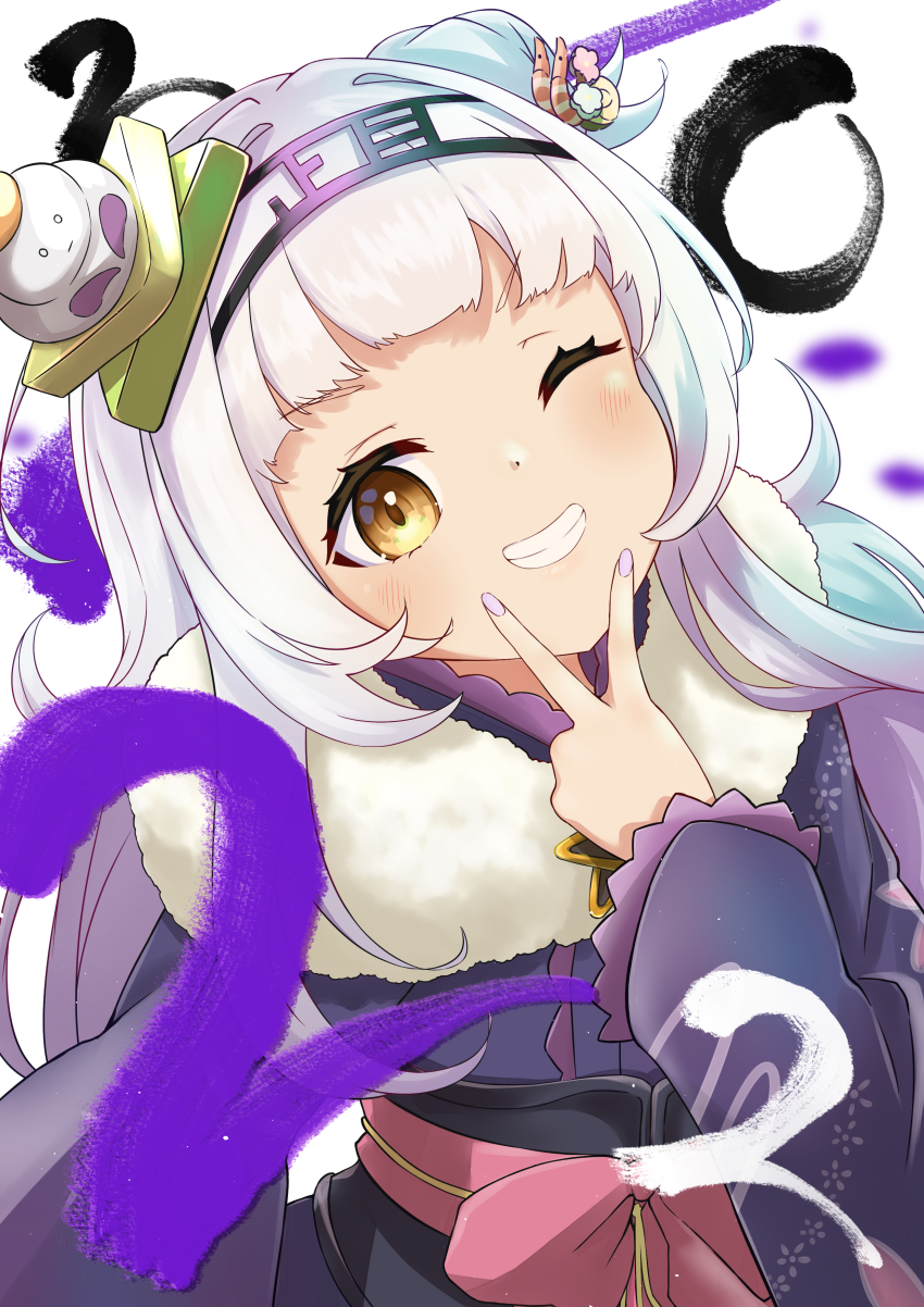 1girl, 2022, ;d, absurdres, blunt_bangs, food-themed_hair_ornament, fur_scarf, grin