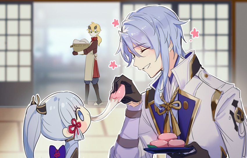 0jae, 1girl, 2boys, ^_^, ayaka_(genshin_impact), basket, black_gloves, blonde_hair