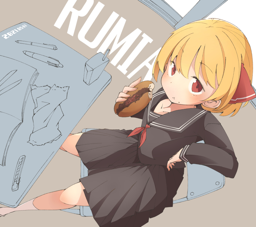 1girl, alternate_costume, black_hair, black_serafuku, blonde_hair, blush, chair, character_name, collarbone, commentary_request, dated, desk, drink_carton, eating, eyelashes, food, food_in_mouth, food_on_face, from_above, highres, holding, hot_dog, jagabutter, juice_box, long_sleeves, looking_at_viewer, notebook, papercutting, pen, pleated_skirt, red_eyes, rumia, school_chair, school_desk, school_uniform, serafuku, shirt, short_hair, sitting, skirt, socks, solo, touhou, white_socks, window, wrapper