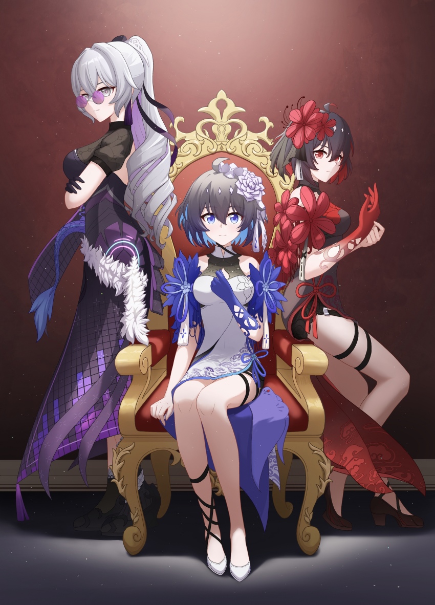 3girls, absurdres, bare_shoulders, black_dress, black_footwear, blue_eyes, blue_gloves, blue_hair