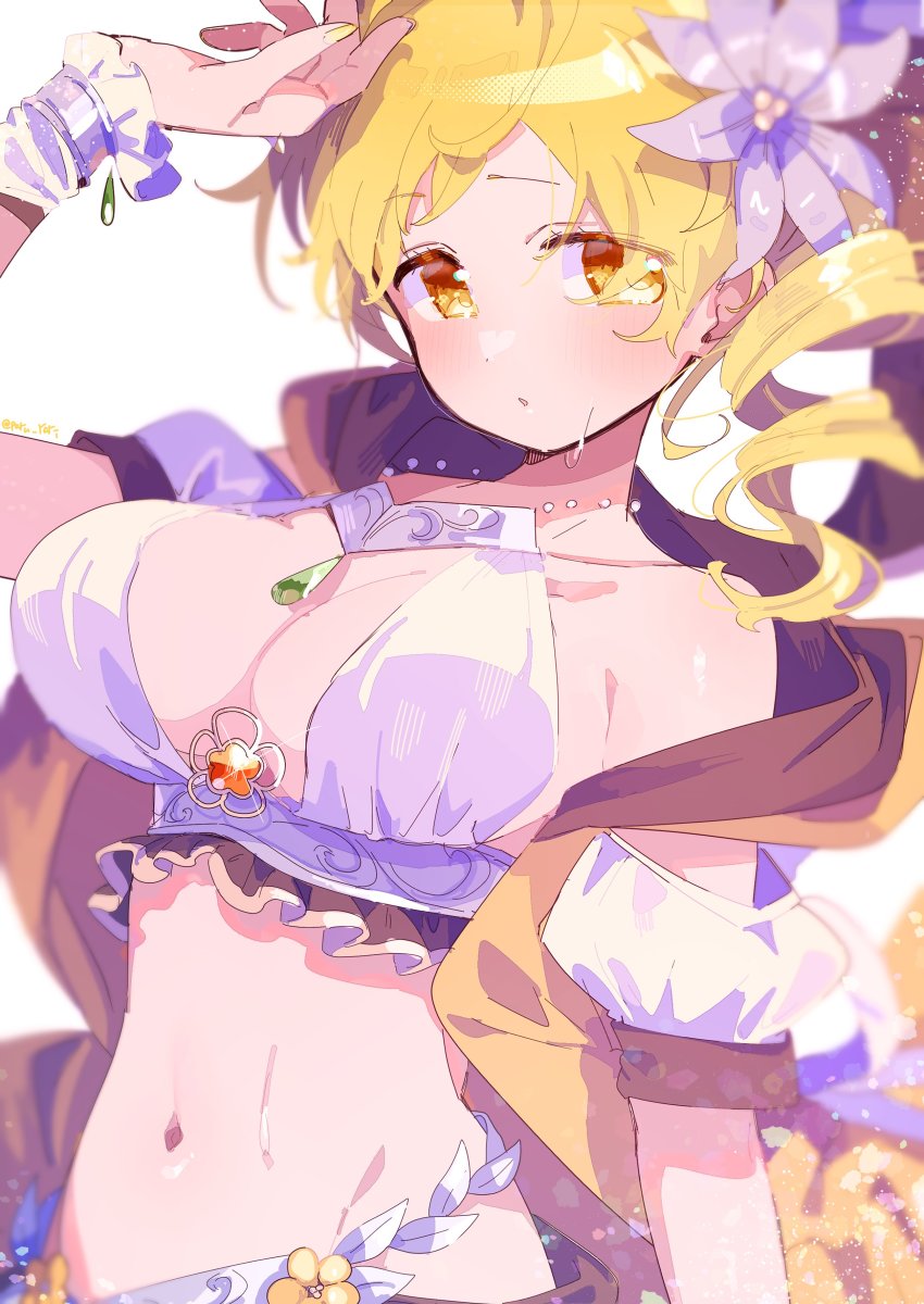 1girl, absurdres, arm_at_side, bead_bracelet, beads, bikini, blonde_hair, blurry, bracelet, breasts, collarbone, depth_of_field, detached_sleeves, dot_nose, drill_hair, expressionless, eyes_visible_through_hair, facing_viewer, fingernails, flower, frilled_bikini, frills, glint, hair_flower, hair_ornament, halterneck, hand_on_own_head, hand_up, highres, hip_bones, jewelry, large_breasts, light_blush, light_particles, magia_record:_mahou_shoujo_madoka_magica_gaiden, mahou_shoujo_madoka_magica, messy_hair, nail_polish, navel, parted_bangs, puffy_short_sleeves, puffy_sleeves, revealing_clothes, serizawa_serizane, shade, short_sleeves, side_drill, sideways_glance, simple_background, solo, soul_gem, stomach, sweat, swimsuit, tomoe_mami, tomoe_mami_(swimsuit_ver.), white_background, white_flower, wrist_cuffs, yellow_eyes, yellow_nails