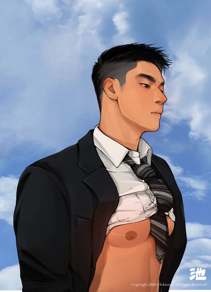 abs, bara, black_eyes, black_hair, chioneoc, formal_clothes, male_focus, mature_male, muscular, muscular_male, necktie, nipples, open_clothes, open_shirt, original, pectoral_cleavage, pectorals, shirt, solo, suit, text_focus