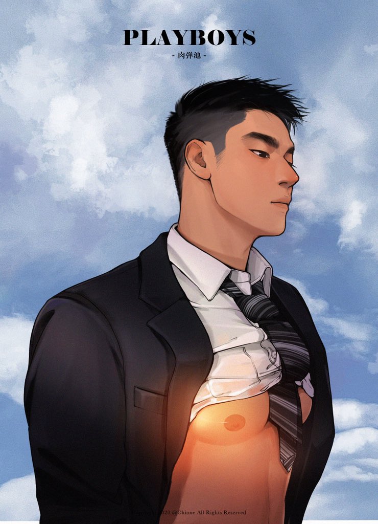 abs, bara, black_eyes, black_hair, chioneoc, clothes_lift, formal_clothes, male_focus