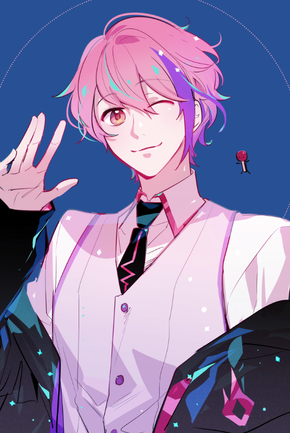 1boy, genderswap, genderswap_(ftm), indie_virtual_youtuber, katsura_(guiyuy), looking_at_viewer, multicolored_hair, one_eye_closed, pale_skin, pink_hair, purple_eyes, purple_hair, short_hair, tsmatch, virtual_youtuber, waving