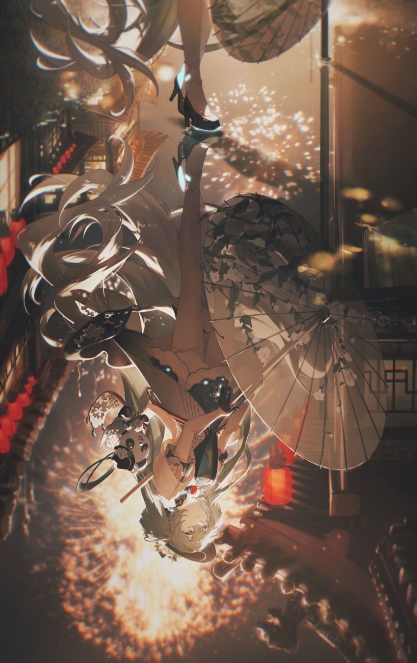 1girl, :d, absurdres, ahoge, bare_legs, blurry, blurry_background, building