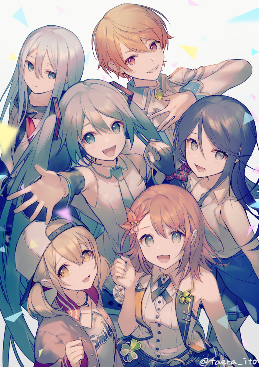 1boy, 5girls, armpits, ascot, azusawa_kohane, backwards_hat, bare_arms, bare_shoulders