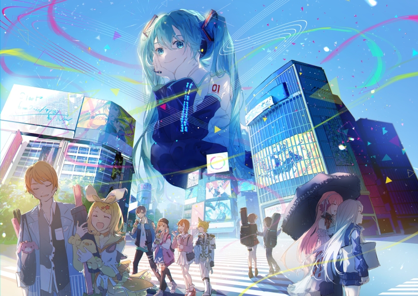 25-ji_luka, 3boys, 6+girls, absurdly_long_hair, absurdres, ankle_boots, azusawa_kohane, backwards_hat, bag, bare_shoulders, belt, black_belt, black_gloves, black_headwear, black_legwear, black_necktie, blazer, blonde_hair, blouse, blue_eyes, blue_hair, blue_jacket, blue_sky, bob_cut, bobby_socks, boots, bow, brown_hair, building, buttons, checkered_clothes, choker, chromatic_aberration, city, clear_sky, closed_eyes, collarbone, collared_dress, collared_shirt, commentary, crosswalk, cup, dark_blue_hair, day, denim, denim_skirt, detached_sleeves, diffraction_spikes, disposable_cup, double_horizontal_stripe, dress, drinking_straw, epaulettes, expressionless, face-to-face, food, frilled_dress, frills, fringe_trim, giant, giantess, gloves, gold_trim, grey_footwear, guitar_case, hair_bow, hair_ornament, hair_ribbon, hairband, hairclip, halter_dress, halterneck, hanasato_minori, handbag, hands_on_own_cheeks, hands_on_own_face, hands_up, happy, hat, hatsune_miku, headset, highres, hood, hoodie, hoshino_ichika_(project_sekai), hugging_object, ice_cream, instrument_case, jacket, jeans, jewelry, kagamine_len, kagamine_rin, kaito_(vocaloid), karanagare, kneeling, laughing, letterman_jacket, light_brown_hair, light_smile, long_hair, looking_at_viewer, loose_belt, low_twintails, mary_janes, medium_hair, megurine_luka, meiko_(vocaloid), more_more_jump!_len, multiple_boys, multiple_girls, necklace, necktie, number_tattoo, orange_bow, orange_choker, orange_dress, orange_hair, outdoors, pants, parasol, pink_hair, pink_jacket, pink_sweater, plaid_clothes, plaid_skirt, pleated_skirt, pom_pom_(clothes), project_sekai, raised_eyebrow, red_skirt, ribbon, road, screen, shade, shadow, shirt, shoes, short_hair, shorts, shoulder_tattoo, sideways_glance, silver_hair, size_difference, skirt, sky, sleeveless, sleeveless_shirt, smile, sneakers, socks, star_(symbol), star_hair_ornament, street, stuffed_animal, stuffed_cat, stuffed_chicken, stuffed_toy, sweatdrop, sweater, tattoo, tenma_tsukasa, thighhighs, tongue, tongue_out, track_jacket, triangle, twintails, two-tone_bow, two-tone_shirt, umbrella, very_long_hair, vest, vivid_bad_squad_meiko, vocaloid, walking, white_bow, white_shirt, white_vest, wide_shot, window, wing_collar, wonderlands_x_showtime_rin, yoisaki_kanade, zettai_ryouiki