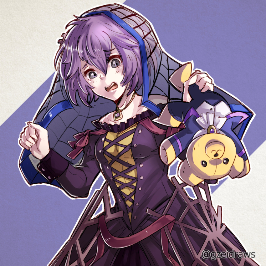 1girl, alternate_costume, bare_shoulders, bernadetta_von_varley, cosplay, dress, fire_emblem, fire_emblem:_three_houses, green_eyes, gzei, highres, jewelry, necklace, nintendo, purple_dress, purple_hair, scared, sophia_(fire_emblem), sophia_(fire_emblem)_(cosplay), sophia_(halloween)_(fire_emblem), spider_web_print, stuffed_animal, stuffed_toy, teddy_bear