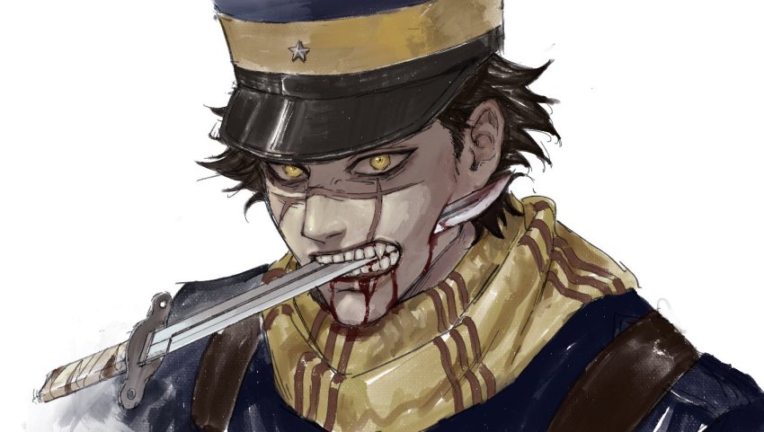 1boy, bayonet, black_hair, blood, blood_on_face, blue_hat, blue_jacket, golden_kamuy