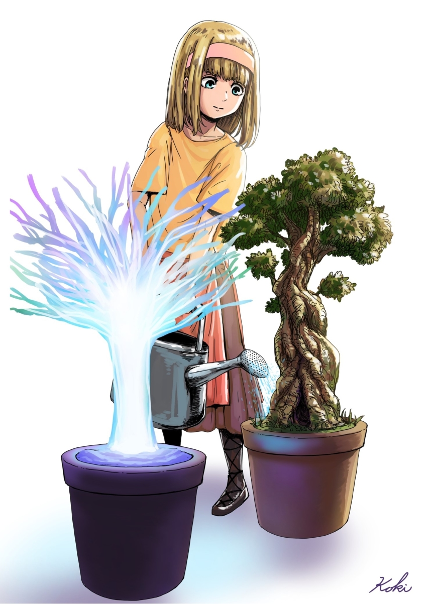 1girl, black_shoes, blonde_hair, blue_eyes, blunt_bangs, closed_mouth, full_body, hairband, highres, holding, holding_watering_can, koki_ant, medium_hair, orange_shirt, plant, potted_plant, red_skirt, shingeki_no_kyojin, shirt, shoes, short_sleeves, simple_background, skirt, smile, solo, standing, watering, watering_can, white_background, ymir_fritz