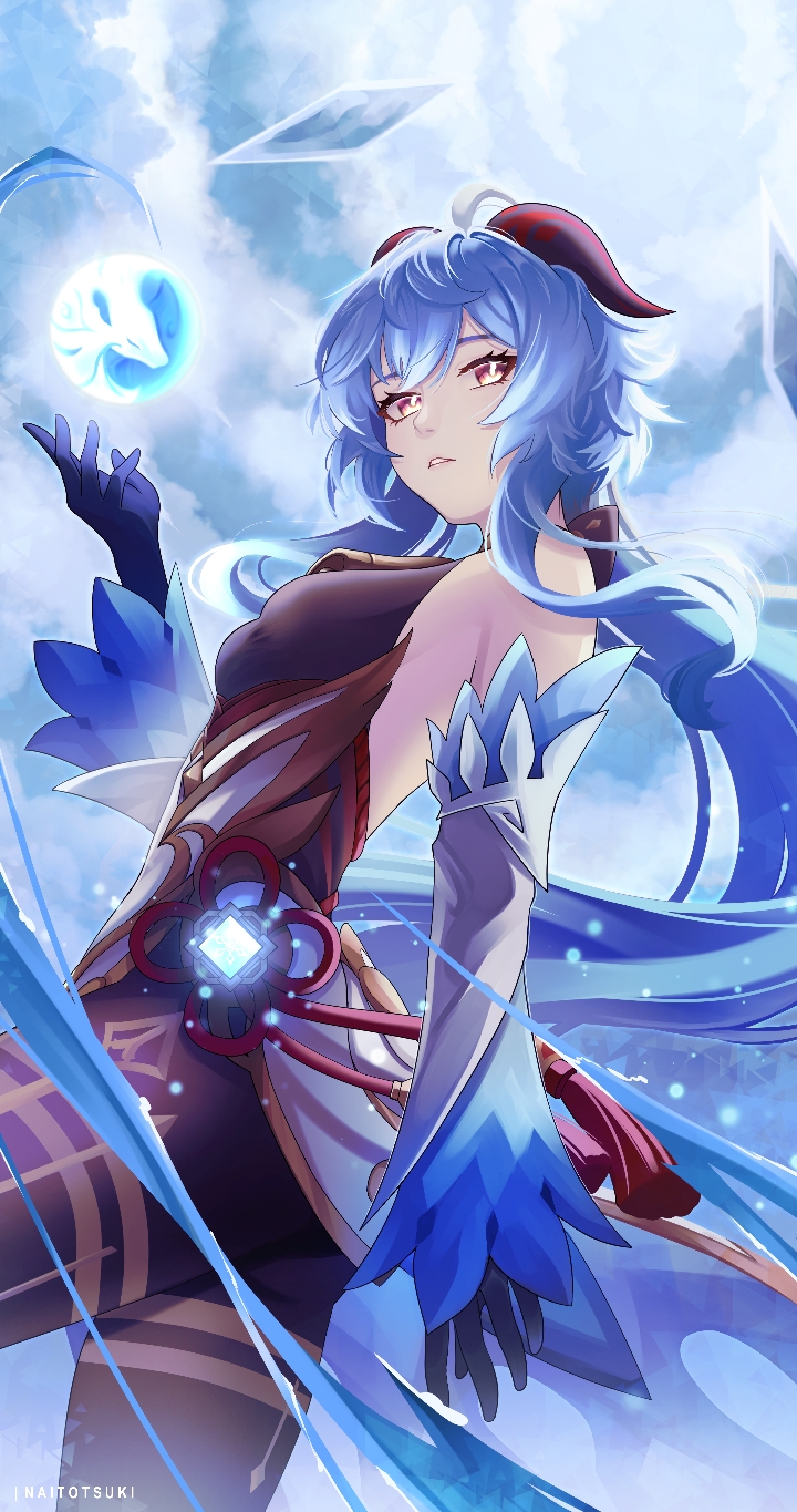 ahoge, artist_name, ass, bare_shoulders, bell, black_gloves, black_legwear, blue_hair