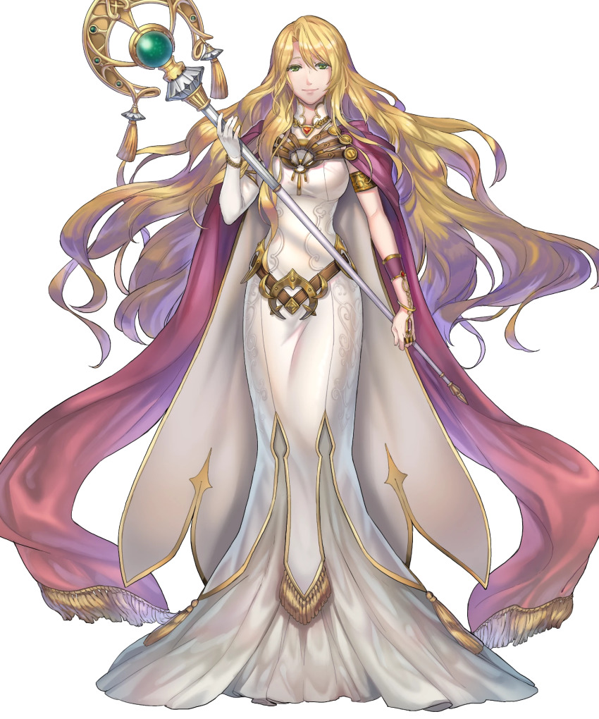 1girl, armlet, belt, blonde_hair, breasts, cape, dress, elbow_gloves