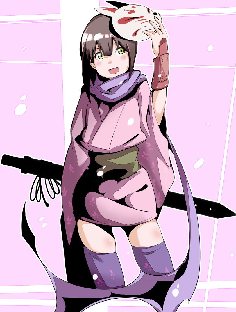 1girl, atlus, bad_id, bad_pixiv_id, brown_hair, etrian_odyssey, female_focus, fox_mask, green_eyes, japanese_clothes, kimono, mask, mm-shoujo, pink_kimono, sekaiju_no_meikyuu, sekaiju_no_meikyuu_3, shinobi_(sekaiju), shinobi_4_(sekaiju), solo, sword, thighhighs, weapon, yukata