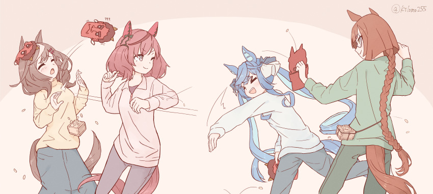 >_<, 4girls, ?, ??, absurdres, animal_ears, beans, blue_hair, blue_shirt, braid, braided_ponytail, brown_hair, closed_mouth, ear_covers, glasses, green_pants, green_shirt, hair_ornament, hairclip, highres, horse_ears, horse_girl, horse_tail, ikuno_dictus_(umamusume), kilomo255, long_hair, long_skirt, long_sleeves, mamemaki, mask, mask_on_head, masu, matikanetannhauser_(umamusume), motion_lines, multiple_girls, nice_nature_(umamusume), one_eye_closed, oni_mask, open_mouth, orange_hair, panties, pants, ponytail, round_eyewear, setsubun, sharp_teeth, shirt, skirt, smile, speed_lines, sweater, tail, teeth, throwing, twin_turbo_(umamusume), twintails, twitter_username, umamusume, underwear, upper_teeth_only, yellow_sweater