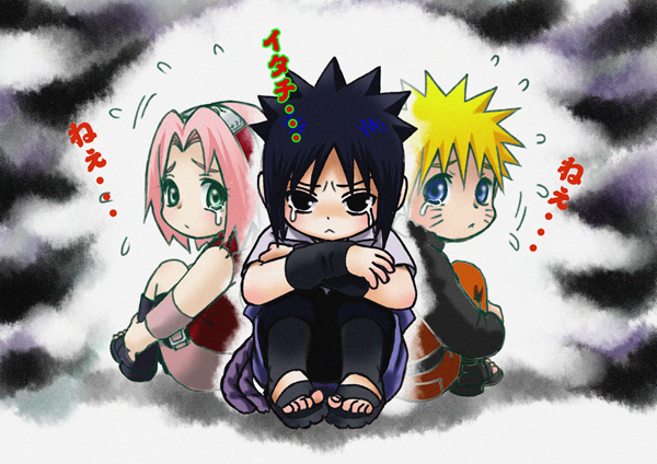 bad_id, black_hair, blonde_hair, haruno_sakura, naruto_(classic), naruto_(series), pink_hair, shunpuu, tears, uchiha_sasuke, uzumaki_naruto