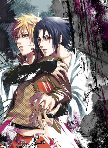 2boys, bad_id, bad_pixiv_id, black_eyes, black_hair, blonde_hair, blue_eyes, fingerless_gloves, fishnet_top, fishnets, gloves, holding_hands, hug, hug_from_behind, male_focus, multiple_boys, naruto_(classic), naruto_(series), nini851581, uchiha_sasuke, uzumaki_naruto, yaoi