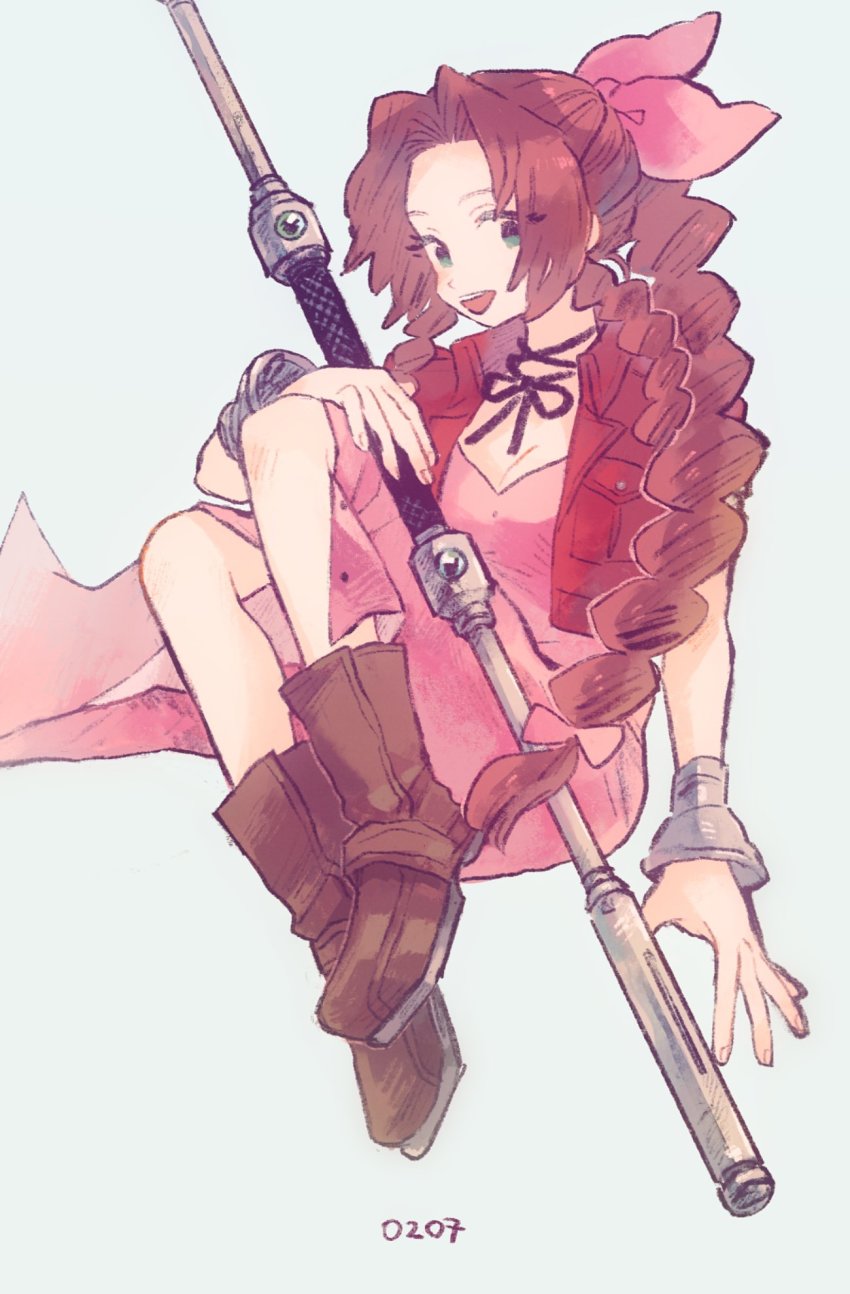 1girl, aerith_gainsborough, boots, bracelet, braid, brown_hair, choker, curly_hair