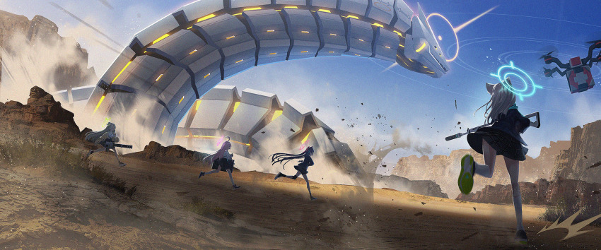 4girls, ahoge, animal_ears, assault_rifle, battle, beretta_ar70/90, binah_(blue_archive), black_hair