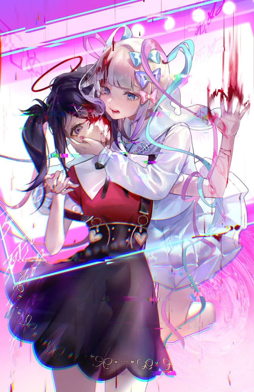2girls, ame-chan_(needy_girl_overdose), black_eyes, black_hair, black_nails, black_ribbon, blood, blood_in_hair