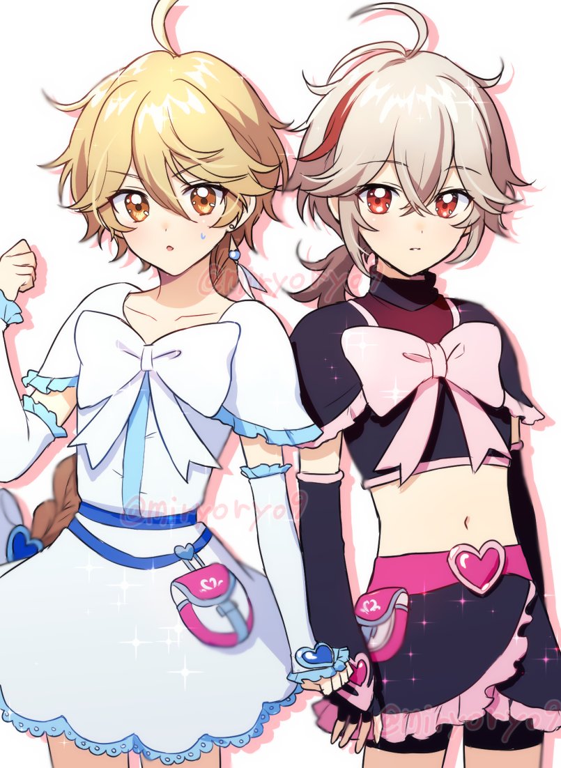 2boys, aether_(genshin_impact), blonde_hair, blush, bow, bowtie, braid, breasts