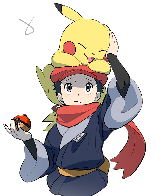 1boy, arm_up, black_hair, black_shirt, closed_mouth, commentary_request, frown, gen_1_pokemon