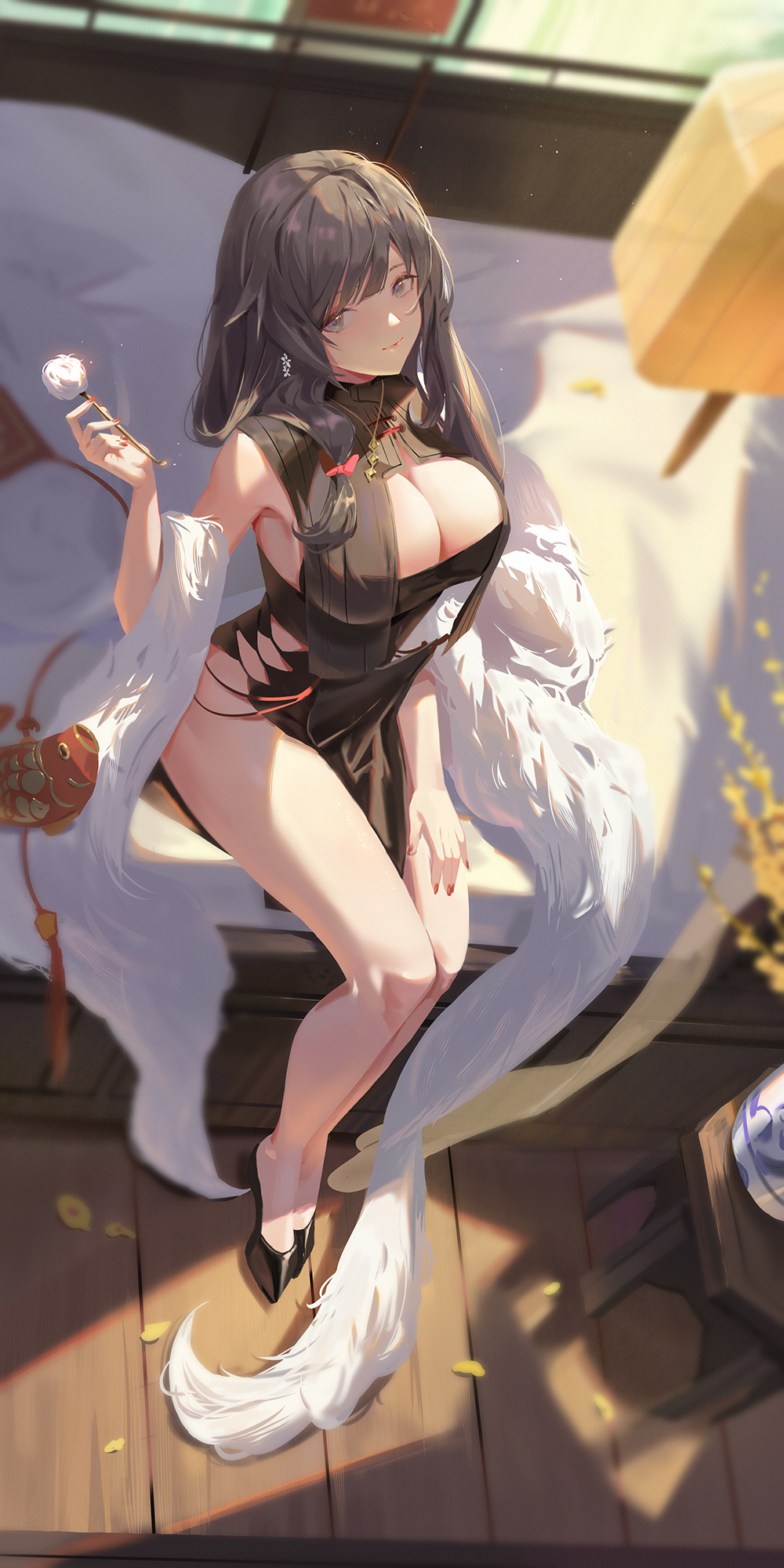 1girl, azur_lane, bare_shoulders, black_dress, breasts, charybdis_(azur_lane), charybdis_(red_chamber_of_healing)_(azur_lane), cleavage, dress, feather_boa, grey_eyes, grey_hair, high_heels, highres, large_breasts, long_hair, looking_at_viewer, official_alternate_costume, sansan_(dongfangzhong111), sitting, smile, solo, thighs