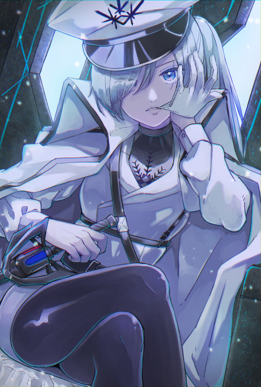 1girl, aged_up, alternate_universe, biting, black_pantyhose, blue_eyes, coat, commentary_request, crossed_legs, dress, eyes_visible_through_hair, biting_glove, gloves, hair_over_one_eye, hand_up, hat, highres, holding, holding_sword, holding_weapon, long_hair, looking_at_viewer, military, military_hat, military_uniform, moromoimaru, myrtenaster, official_alternate_costume, pantyhose, parted_lips, peaked_cap, ponytail, rwby, scar, scar_across_eye, scar_on_face, side_ponytail, sitting, snowing, solo, sword, weapon, weiss_schnee, white_coat, white_dress, white_gloves, white_hair
