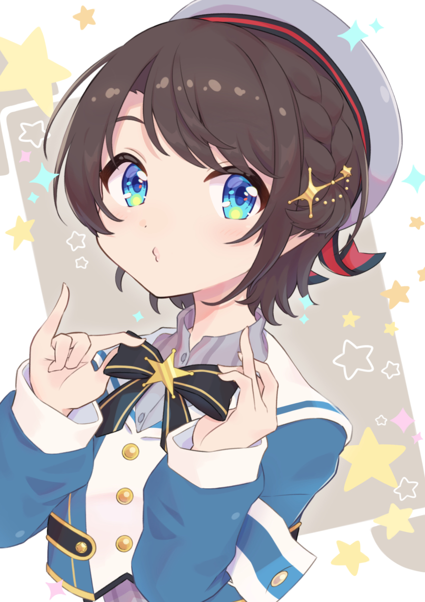 1girl, absurdres, adjusting_neckwear, armband, black_bow, black_bowtie, blue_eyes, blue_jacket
