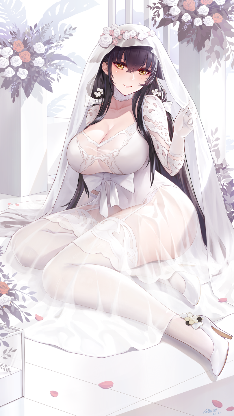 1girl, alexiel_(pixiv6211566), arm_behind_back, azuma_(azur_lane), azuma_(lily-white_longing)_(azur_lane), azur_lane, blush, breasts, bridal_veil, cleavage, collarbone, dress, garter_straps, highres, large_breasts, long_hair, looking_at_viewer, official_alternate_costume, see-through_clothes, see-through_dress, simple_background, sitting, solo, thighhighs, thighs, veil, wedding_dress, white_dress, white_thighhighs