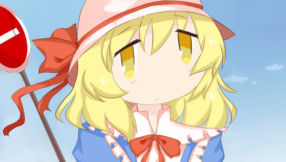 blonde_hair, blush, bow, bowtie, cloud, hat, hat_ribbon, kana_anaberal, momoko_(pixiv), ribbon, road_sign, shoujo_shuumatsu_ryokou, sign, sky, staring, stop_sign, touhou, touhou_(pc-98), yellow_eyes