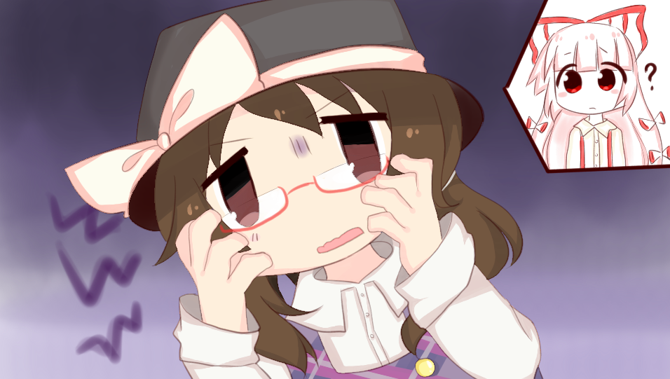 ?, blush, bow, brown_eyes, checkered_clothes, checkered_shirt, confused, fujiwara_no_mokou