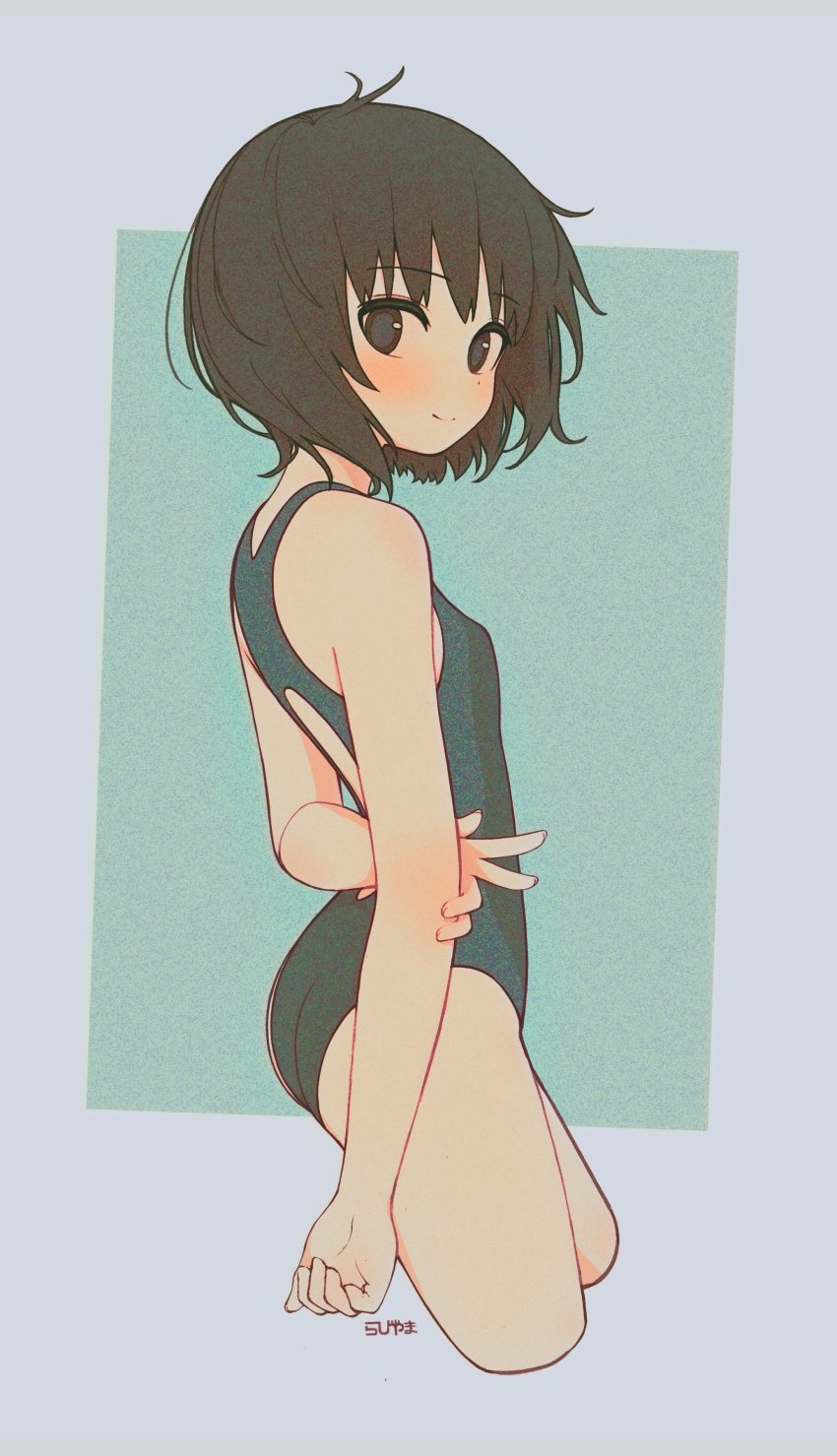 1girl, absurdres, amagami, arms_behind_back, black_eyes, black_hair, black_one-piece_swimsuit, bob_cut, breasts, competition_swimsuit, cowboy_shot, cropped_legs, highres, looking_at_viewer, nanasaki_ai, one-piece_swimsuit, rabiyamarabi, short_hair, small_breasts, solo, swimsuit, two-tone_swimsuit, v