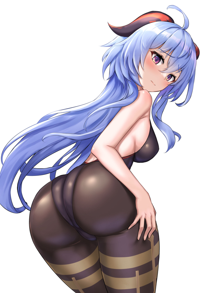 ahoge, ass, ass_focus, backless_outfit, black_pantyhose, blue_hair, blush, bodysuit