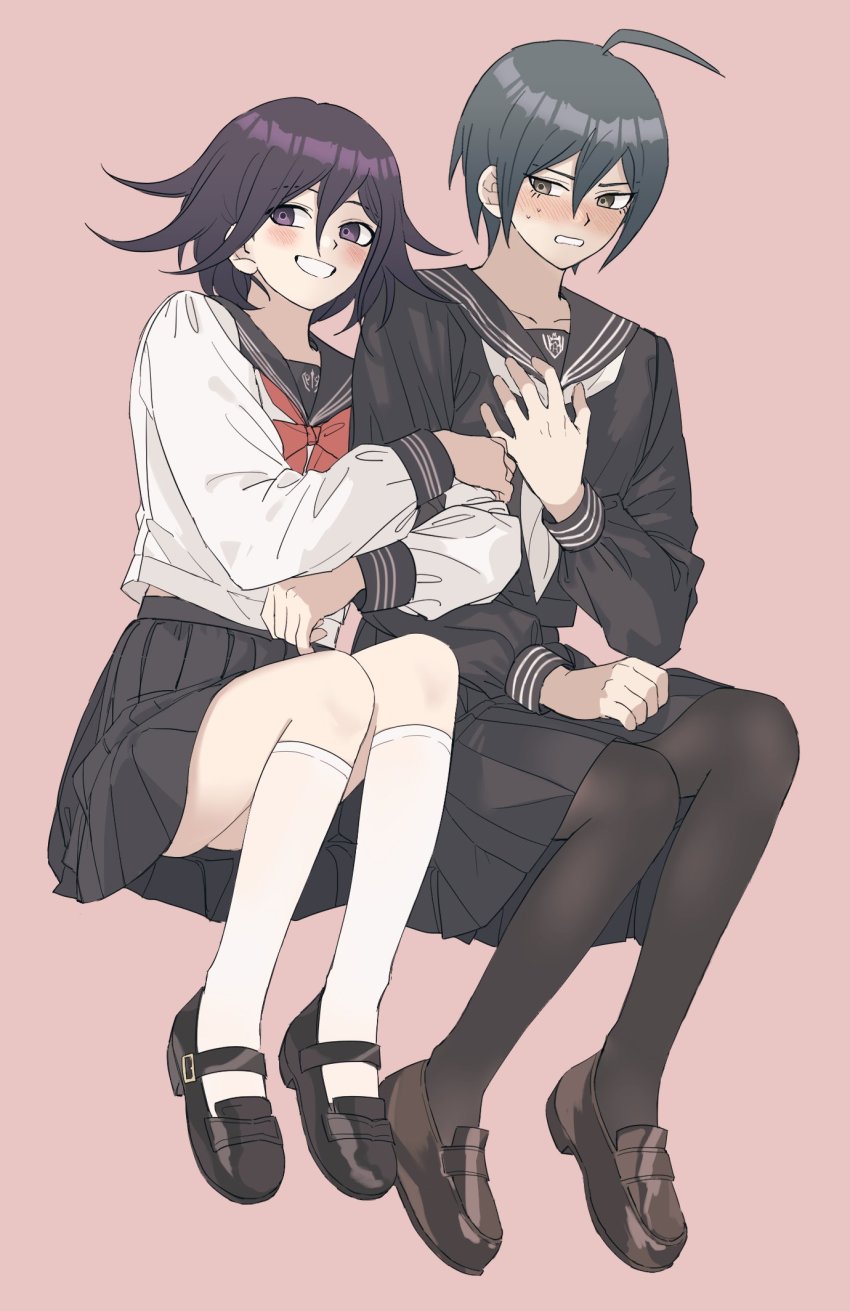 2girls, ahoge, annoyed, bibi_(p_pp8888), black_footwear, black_sailor_collar, black_skirt, black_socks, blush, bow, bowtie, brown_background, brown_footwear, collarbone, danganronpa_(series), danganronpa_v3:_killing_harmony, genderswap, genderswap_(mtf), grin, hair_between_eyes, hand_up, highres, invisible_chair, kneehighs, locked_arms, long_sleeves, multiple_girls, oma_kokichi, pantyhose, pleated_skirt, red_bow, red_bowtie, saihara_shuichi, sailor_collar, school_uniform, shirt, short_hair, simple_background, sitting, skirt, smile, socks, sweat, teeth, white_legwear, white_shirt