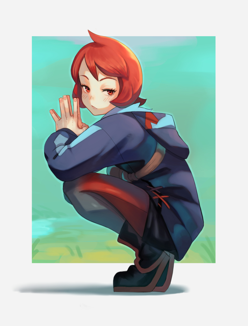 1girl, arezu_(pokemon), black_boots, black_shorts, blush, boots, border, closed_mouth