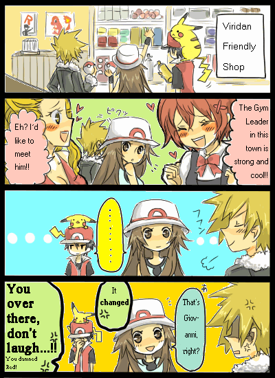 1girl, 2boys, black_hair, blue_oak, brown_hair, charmander, gen_1_pokemon, green_(pokemon), hard-translated, hat, multiple_boys, nintendo, pikachu, poke_ball, pokemon, pokemon_(creature), popped_collar, porkpie_hat, red_(pokemon), third-party_edit, tora_kaede, translated