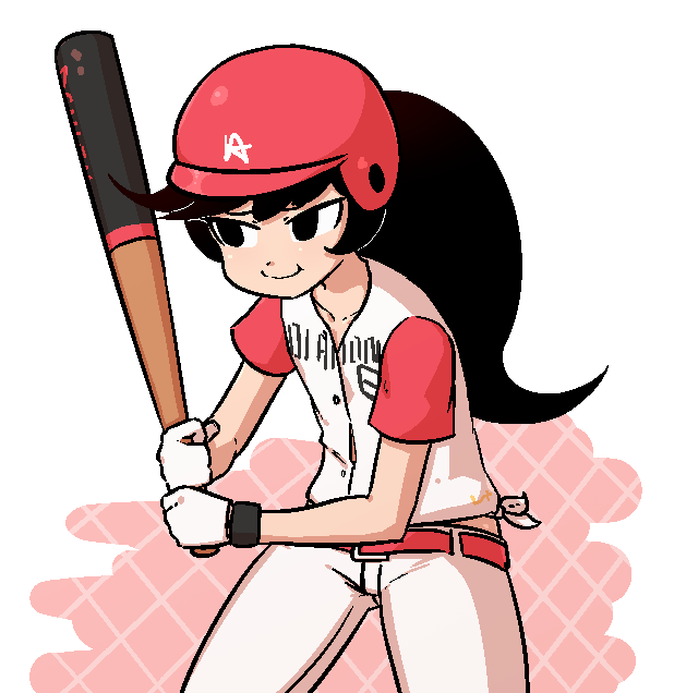 1girl, 2020_summer_olympics, alternate_costume, alternate_hairstyle, ashley_(warioware), baseball_bat, baseball_helmet, baseball_uniform, belt, black_hair, chain-link_fence, drawfag, fence, george_costanza, gloves, helmet, ishygddt_(meme), liveactors, meme, nintendo, olympics, ponytail, red_background, seinfeld, shirt, smile, smirk, solo, sportswear, tied_shirt, warioware, white_background