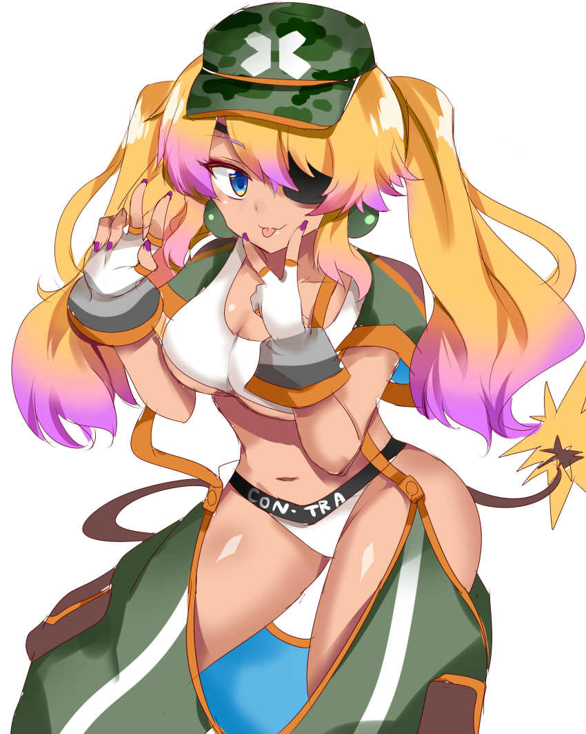 absurdres, blonde_hair, blue_eyes, bombergirl, breasts, camouflage, camouflage_headwear, cropped_jacket
