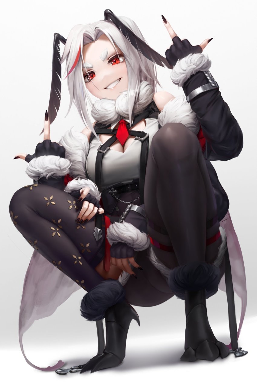 1girl, absurdres, antennae, arthropod_girl, black_nails, breasts, chain, cleavage, detached_collar, extra_arms, grin, highres, indie_virtual_youtuber, insect_girl, large_breasts, looking_away, lyra_calyptra, middle_finger, monster_girl, moth_girl, nail_polish, necktie, numanoan, red_eyes, red_necktie, shadow, simple_background, smile, solo, squatting, virtual_youtuber, white_background, white_hair