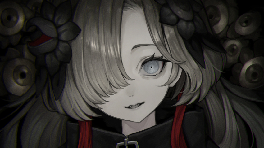 1girl, black_coat, close-up, coat, commentary_request, constricted_pupils, eyeball, fangs, hair_ornament, hair_over_one_eye, highres, histoire-ange, horror_(theme), isekaijoucho, kamitsubaki_studio, limited_palette, looking_at_viewer, multicolored_hair, parted_lips, portrait, red_hair, silver_hair, smile, solo, two-tone_hair, upper_body, virtual_youtuber