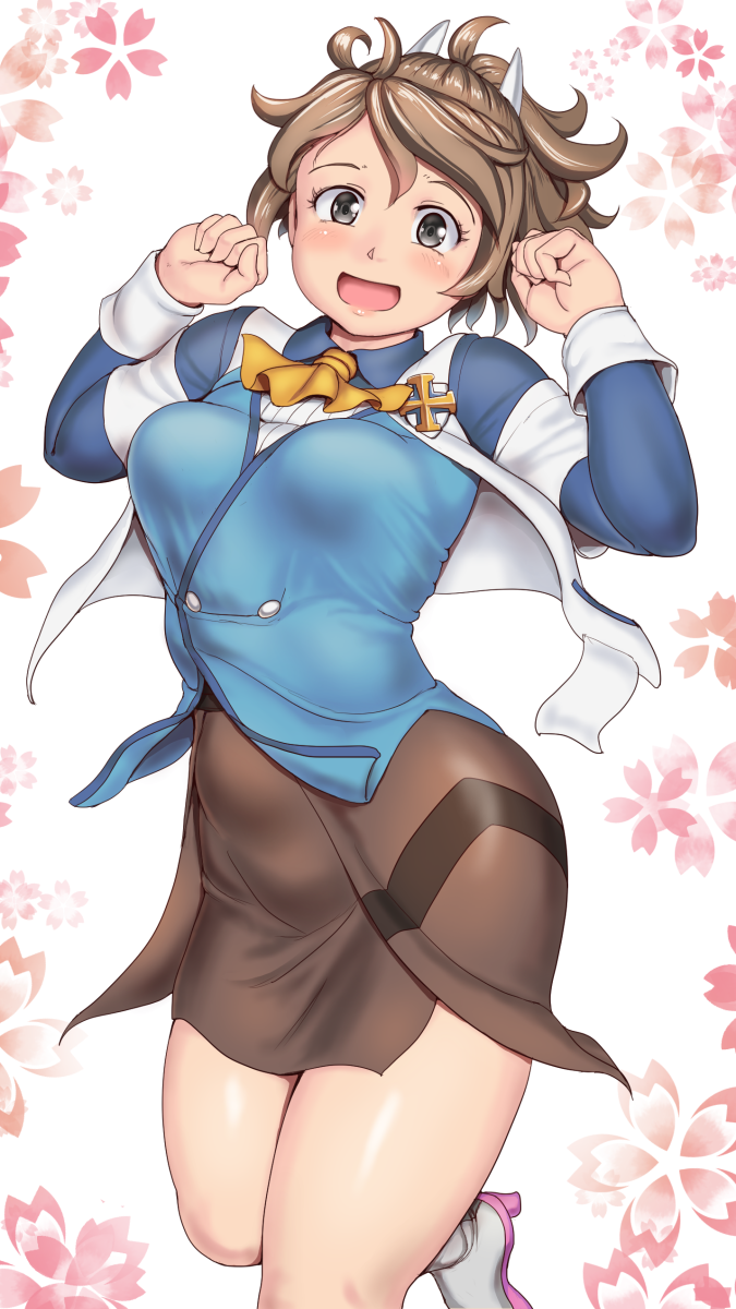 1girl, arms_up, blush, breasts, brown_hair, brown_skirt, buttons, commentary_request, floral_background, foot_out_of_frame, grey_eyes, hair_between_eyes, head_tilt, highres, long_sleeves, looking_at_viewer, medium_breasts, medium_hair, messy_hair, open_mouth, orizen, pink_shoes, ramy_amasaki, shoes, skirt, smile, solo, super_robot_wars, super_robot_wars_t, tareme, white_background, white_footwear, wing_collar