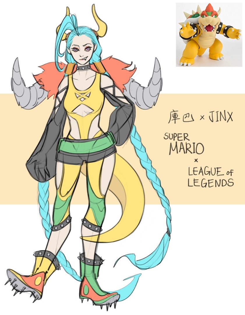 1girl, asymmetrical_bangs, bare_shoulders, black_collar, black_shorts, bodysuit, bowser, bowser_(cosplay)