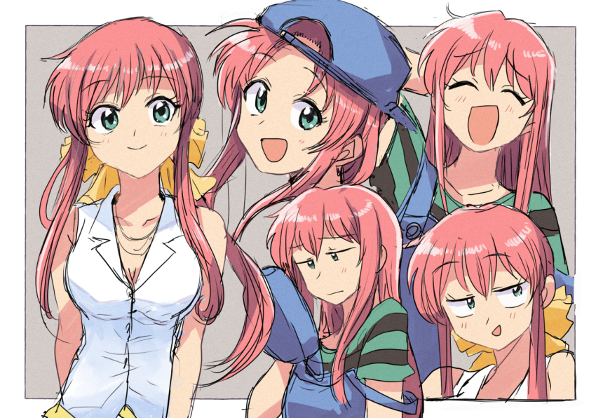 1girl, :d, akasaka_mitsuki, backwards_hat, baseball_cap, breasts, casual, cleavage