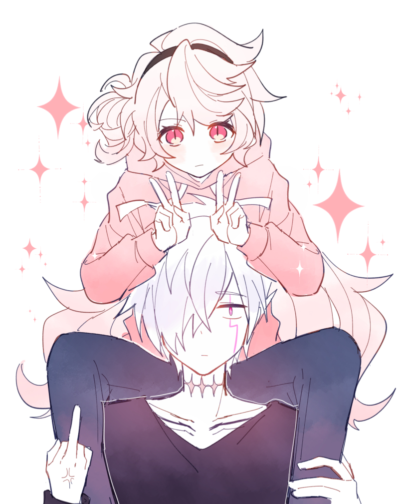 1boy, 1girl, add_(elsword), anger_vein, black_hairband, black_shirt, blue_pants, blush, carrying, commentary, cross_scar, double_v, elsword, eternity_winner_(elsword), expressionless, facial_mark, hair_bun, hair_over_one_eye, hairband, hood, hood_down, hoodie, laby_(elsword), long_sleeves, looking_at_viewer, middle_finger, mulook, pants, pink_eyes, pink_hoodie, purple_eyes, scar, scar_on_neck, shirt, shoulder_carry, side_bun, sidelocks, single_hair_bun, single_side_bun, sparkle, v, white_hair