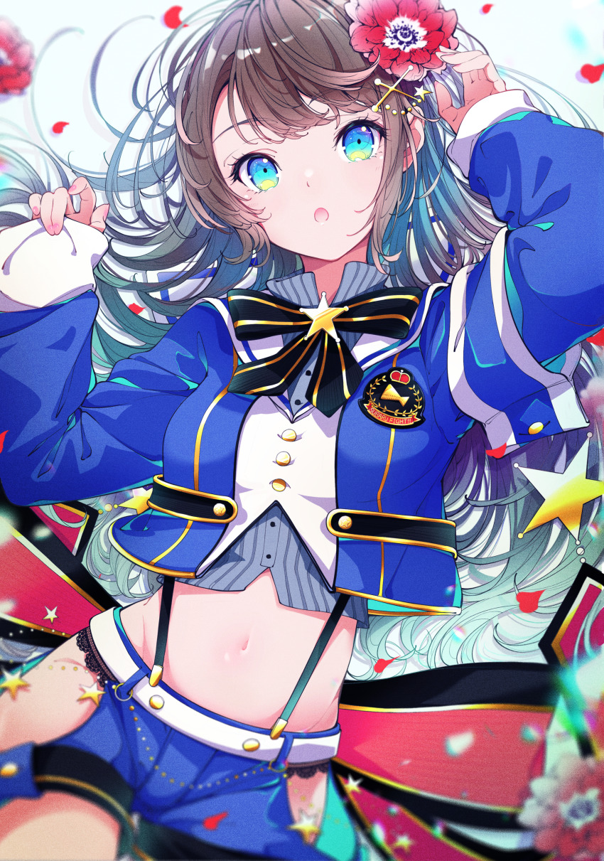 1girl, :o, absurdres, aqua_eyes, armband, black_bow, black_bowtie, black_panties