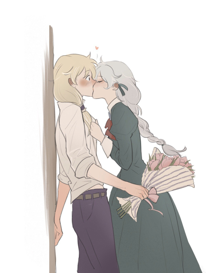 1boy, 1girl, blonde_hair, blue_eyes, blush, bouquet, braid, braided_ponytail, closed_eyes, dress, flower, french_kiss, green_dress, heart, heisedemei, hetero, highres, holding, holding_bouquet, honkai_(series), honkai_impact_3rd, kallen_kaslana, kiss, long_hair, long_sleeves, otto_apocalypse, pants, pink_flower, polo_shirt, purple_pants, shirt, side_ponytail, simple_background, sleeves_rolled_up, white_background, white_shirt