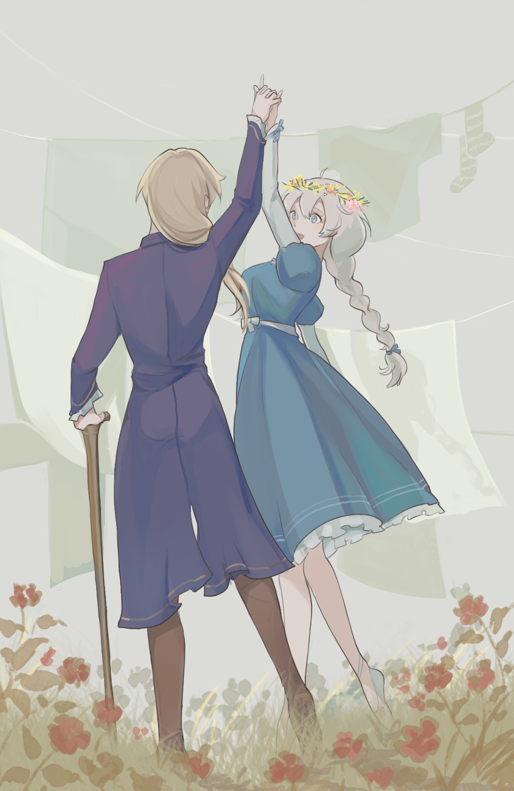 1boy, 1girl, :d, back, blonde_hair, blue_dress, blue_eyes, boots