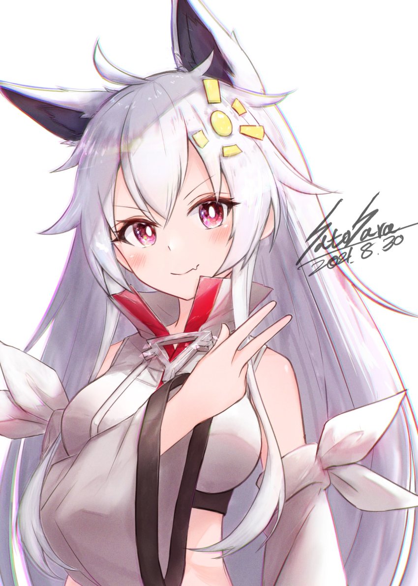 1girl, animal_ears, blush, bow, breasts, fang, hair_ornament, hairclip