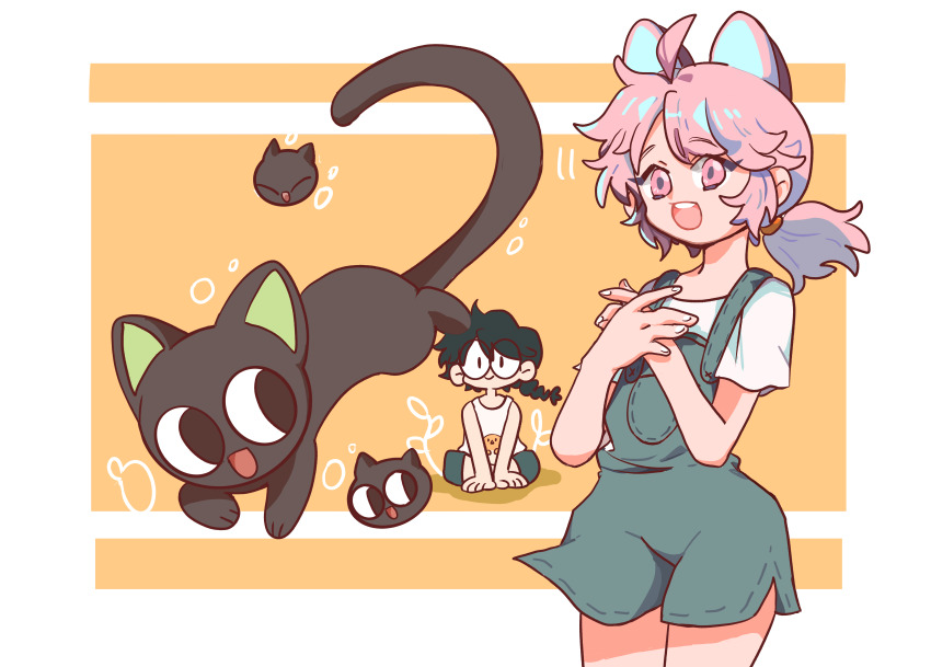 1girl, 2boys, a'gen_(the_legend_of_luoxiaohei), absurdres, aqua_overalls, arthur_melton, bidiu_(the_legend_of_luo_xiaohei), black_hair